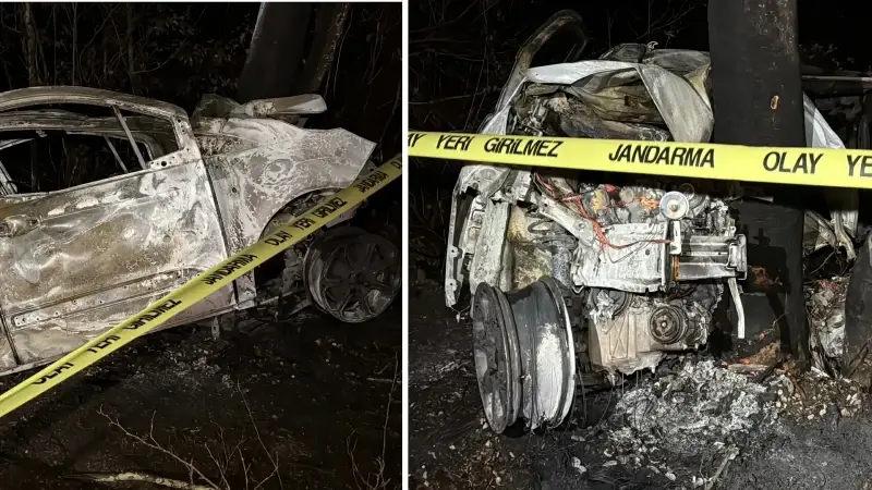 Çarpmanın şiddetiyle araç alev aldı.