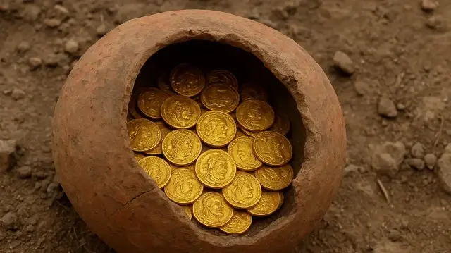Глиняный горшок с персидскими золотыми монетами 