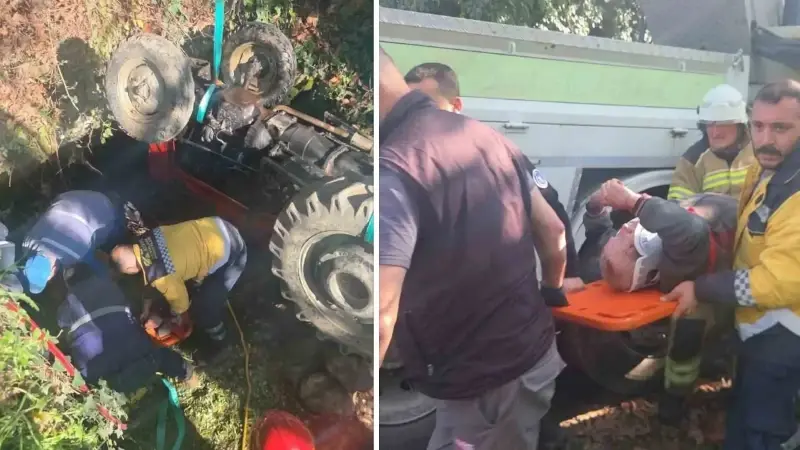 Yaşlı adam traktörde sıkıştı: Vinç yardımıyla kurtarılıp hastaneye kaldırıldı