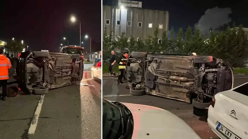 Kontrolden çıkan otomobil park halindeki araçlara çarpıp yan yattı