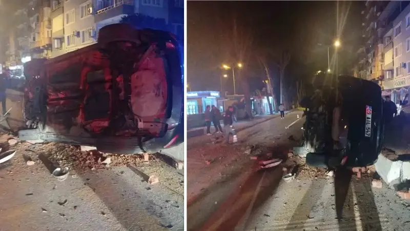 Refüje çarpıp takla atan otomobil karşı şeride geçti: 2 yaralı