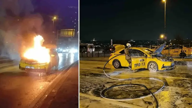 Beyoğlu’nda seyir halindeki ticari taksi alev alev yandı