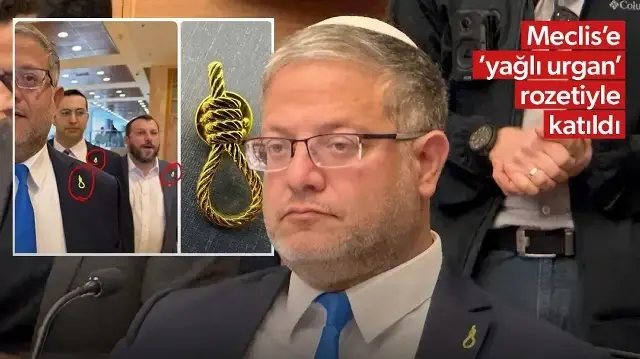 Siyonist bakandan vahşet propagandası: Meclis'e 'yağlı urgan' rozetiyle katıldı