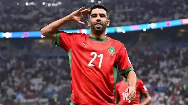 Le joueur marocain Karim El Berkaoui célèbre son but inscrit lors du match opposant le Maroc à l'Arabie Saoudite, en phase de poules de la Coupe arabe de la FIFA 2025, au stade Lusail, au Qatar, le 8 décembre 2025.