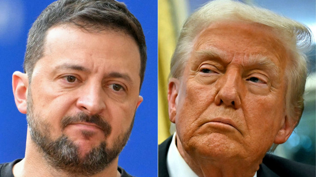 Cette combinaison d'images créée le 12 février 2025 montre (de gauche à droite) le président ukrainien Volodymyr Zelensky à Bruxelles, le 17 octobre 2024, et le président américain Donald Trump, le 10 février 2025, à Washington, DC.