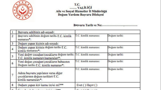 Doğum yardımı başvuru dilekçesi
