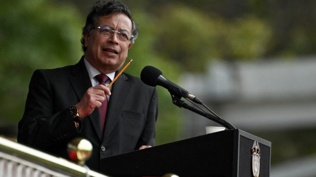Colombian President Gustavo Petro (C) speaks during the swearing-in of the new National Police Director, General Carlos Triana, at the General Santander Police School in Bogota on February 18, 2025.