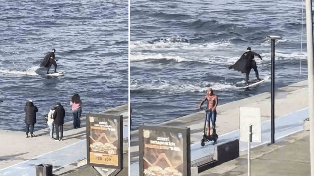İstanbul Boğazı'nda 'Batman' sörf yaparken 'Örümcek Adam' scooter kullandı.