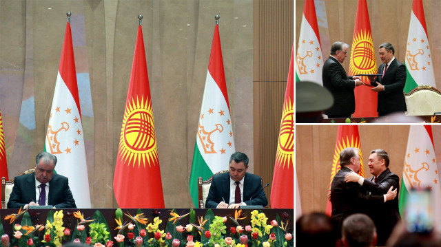 Kırgızistan Cumhurbaşkanı Sadır Caparov (sağda) ve Tacikistan Cumhurbaşkanı İmamali Rahman (solda), iki ülke arasında varılan sınır anlaşmasını imzaladı.