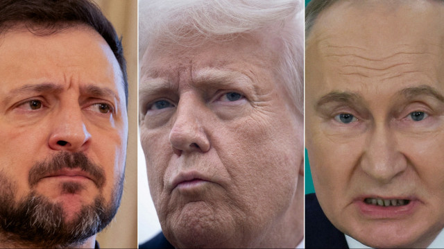 Cette combinaison d'images créée le 18 mars 2025 montre, de gauche à droite, le président ukrainien Volodymyr Zelensky à Kiev le 19 février 2025, le président américain Donald Trump à la base aérienne d'Andrews le 14 mars 2025 dans le Maryland et le président russe Vladimir Poutine lors d'une conférence de presse conjointe avec son homologue tadjik après leur rencontre au Kremlin à Moscou le 17 mars 2025.