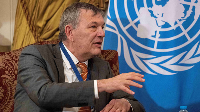 Le commissaire général de l'Office de secours et de travaux des Nations Unies pour les réfugiés de Palestine dans le Proche-Orient (UNRWA), Philippe Lazzarini, rencontre le ministre égyptien des Affaires étrangères au palais de Tahrir, dans le centre du Caire, le 17 février 2025.