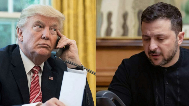 Cette combinaison d'images créées le 18 mars 2025 montre le président américain Donald Trump au téléphone dans le bureau ovale de la Maison Blanche à Washington, DC, le 27 juin 2017 et une photo prise et publiée par le service de presse présidentiel ukrainien le 12 février 2025, montrant le président ukrainien Volodymyr Zelensky parlant lors d'un appel téléphonique avec le président américain alors qu'il était assis dans son bureau à Kiev, au milieu de l'invasion russe de l'Ukraine.