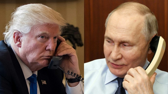 Cette combinaison d'images créée le 18 mars 2025 montre le président Donald Trump (à gauche) au téléphone le 28 janvier 2017 à Washington, et le président russe Vladimir Poutine (à droite) au téléphone à Moscou le 27 décembre 2023.