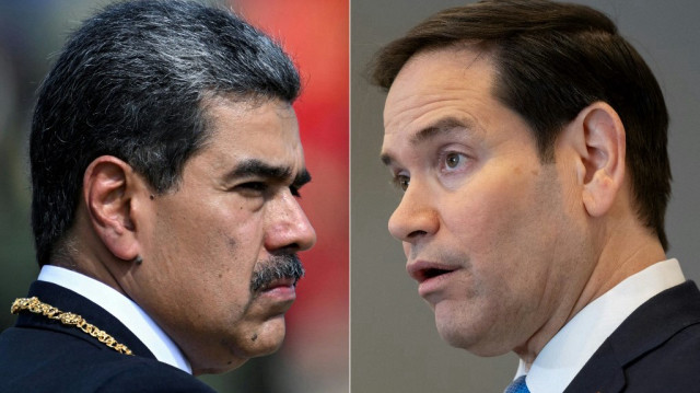 Cette combinaison d'images créées le 27 mars 2025 montre le président vénézuélien Nicolas Maduro (à gauche) lors d'une cérémonie à la base militaire de Fort Tiuna dans le cadre de l'investiture présidentielle à Caracas le 10 janvier 2025 et le secrétaire d'État américain Marco Rubio s'adressant aux médias lors d'une escale de ravitaillement à l'aéroport de Shannon, en Irlande, le 12 mars 2025, alors qu'il se rend en Arabie saoudite pour discuter avec l'Ukraine et qu'il assiste à une réunion des ministres des affaires étrangères du G7 au Canada.