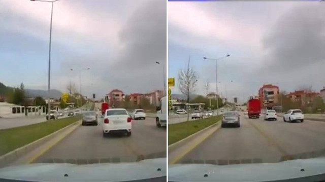 Trafik güvenliğini tehlikeye sokan sürücünün makas attığı anlara ait görüntüler sosyal medya sayfalarında paylaşıldı.