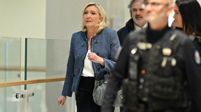 La président du Rassemblement national, Marine Le Pen, le 31 mars 2025 au tribunal de Paris.