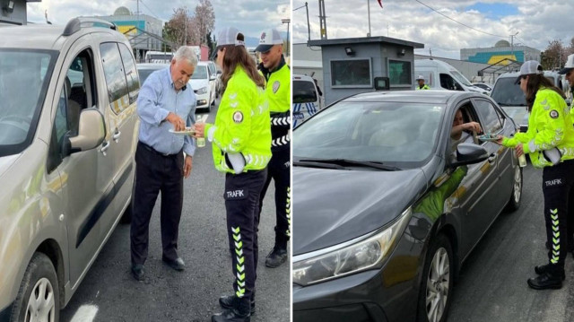 Tatlı ve kolonya ikramının yanı sıra sürücülere güvenli sürüş kuralları hatırlatıldı.