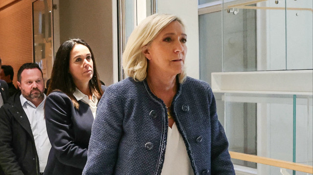 La présidente du Rassemblement National, Marine Le Pen, au tribunal de Paris, le 31 mars 2025.