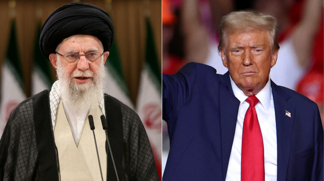 Cette combinaison d'images créée le 7 novembre 2024 montre le guide suprême iranien, l'ayatollah Ali Khamenei (à gauche), s'exprimant après avoir voté lors du second tour de l'élection présidentielle à Téhéran le 5 juillet 2024, et l'ancien président américain et candidat républicain à la présidence Donald Trump (à droite) saluant ses partisans à la fin d'un meeting de campagne au PPG Paints Arena à Pittsburgh, en Pennsylvanie, le 4 novembre 2024.