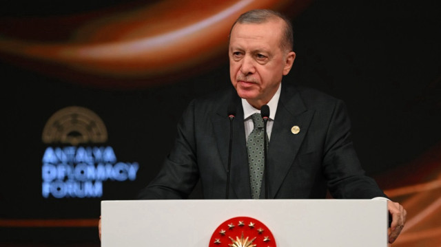 Turkish President Recep Tayyip Erdogan makes a speech during the opening ceremony of the 4th edition of the Antalya Diplomacy Forum (ADF2025) in Antalya, Türkiye on April 11, 2025. 