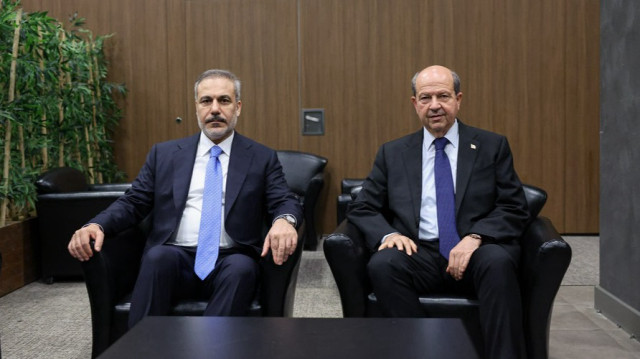Turkish Foreign Minister Hakan Fidan (L) and Turkish Republic of Northern Cyprus (TRNC) President Ersin Tatar (R) hold a meeting as they attend the 4th Antalya Diplomacy Forum (ADF2025) in Antalya, Türkiye on April 13, 2025.