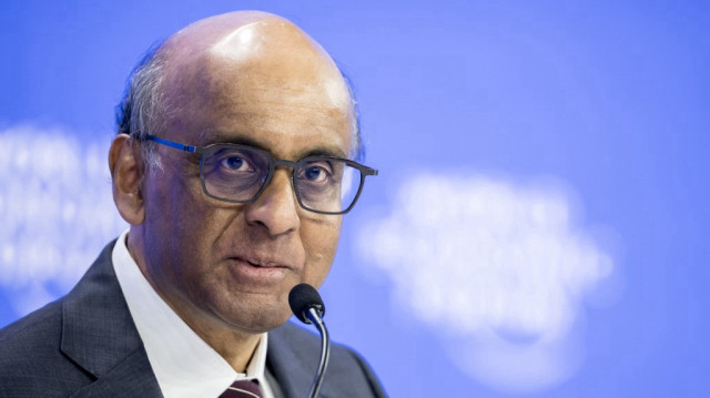 Le président de Singapour, Tharman Shanmugaratnam, s'adresse au public lors de la réunion annuelle du Forum économique mondial (WEF) dans la station alpine de Davos, le 24 janvier 2025.