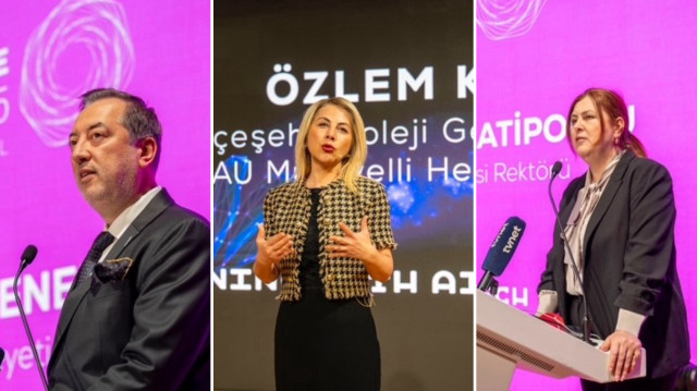 BAU Mütevelli Heyeti adına konuşan Saygın Şenel, Bahçeşehir Koleji Genel Müdürü Özlem Koç, BAU Rektörü Prof. Dr. Esra Hatipoğlu.
