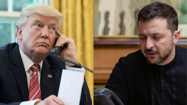 Cette combinaison d'images créées le 18 mars 2025 montre le président américain Donald Trump au téléphone dans le bureau ovale de la Maison Blanche à Washington, DC, le 27 juin 2017 et une photo prise et publiée par le service de presse présidentiel ukrainien le 12 février 2025, montrant le président ukrainien Volodymyr Zelensky parlant lors d'un appel téléphonique avec le président américain alors qu'il était assis dans son bureau à Kiev, au milieu de l'invasion russe de l'Ukraine.