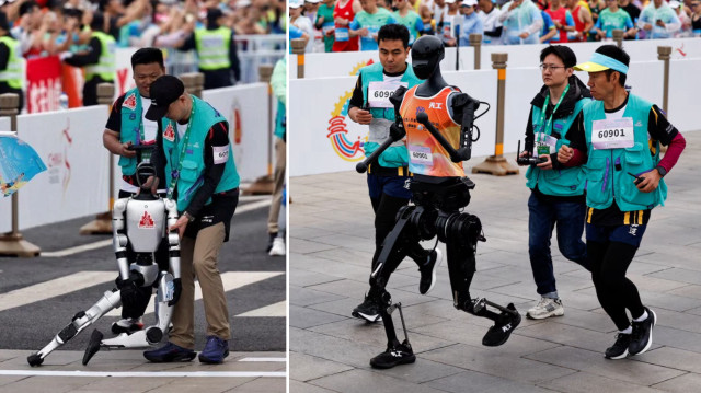 Robotların çoğu bu tür bir desteğe ihtiyaç duyarken, birkaçı da tasmaya bağlıydı.