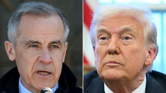 Cette combinaison d'images créée le 28 mars 2025 montre le Premier ministre canadien Mark Carney s'exprimant lors d'une conférence de presse à Rideau Hall à Ottawa le 23 mars 2025 et le président américain Donald Trump annonçant des droits de douane sur les importations d'automobiles dans le bureau ovale de la Maison Blanche à Washington, DC, le 26 mars 2025.