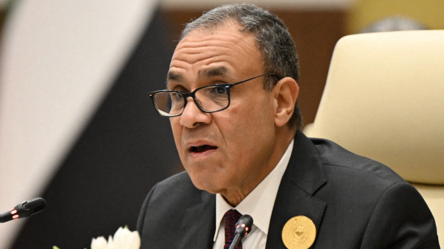 Le ministre égyptien des Affaires étrangères, Badr Abdelatty, s'exprime lors de la 163e réunion du Conseil ministériel du Conseil de coopération du Golfe (CCG) à La Mecque, le 6 mars 2025.