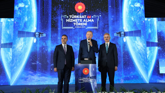 Turkish President Recep Tayyip Erdogan makes a speech during the Commissioning Ceremony of TURKSAT 6A at TURKSAT Golbasi Campus on April 21, 2025 in Ankara, Turkiye. (AA)