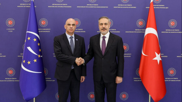 Turkish Foreign Minister Hakan Fidan (R) meets with Secretary-General of the Council of Europe Alain Berset (L) in Ankara, Türkiye on April 22, 2025.