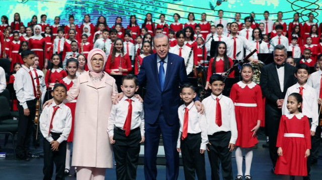 Turkish President Recep Tayyip Erdogan and his wife Emine Erdogan attend the April 23rd National Sovereignty and Children's Day at Bestepe Nation’s Exhibition Hall in Ankara, Türkiye on April 23, 2025.