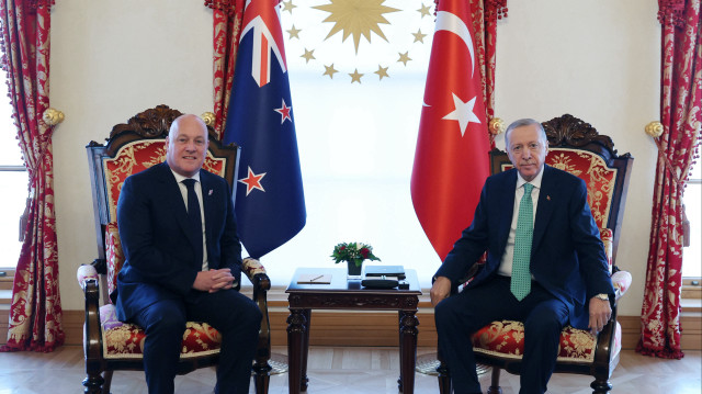 Turkish President Recep Tayyip Erdogan receives New Zealand Prime Minister Christopher Luxon at the Presidential Dolmabahce Office in Istanbul, Turkiye, on April 25, 2025. (AA)