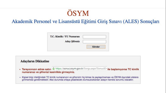 Akademik Personel ve Lisansüstü Eğitimi Giriş Sınavı (ALES) Sonuçları