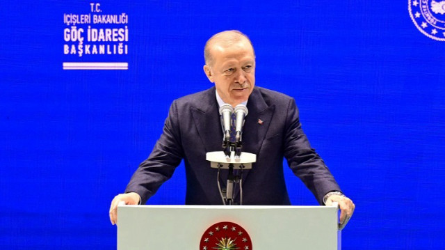Turkish President Recep Tayyip Erdogan speaks during the “Turkiye’s Migration Management in the Century of Turkiye” Event at the Ataturk Cultural Center in Istanbul, Türkiye on April 28, 2025.
