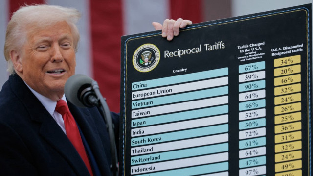 Le président américain Donald Trump s'exprime lors d'un événement commercial intitulé "Make America Wealthy Again"(Rendre l'Amérique à nouveau riche) dans le jardin des roses de la Maison Blanche, le 2 avril 2025 à Washington, DC. 