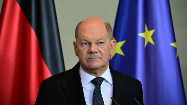 Le chancelier allemand Olaf Scholz participe à une conférence de presse conjointe avec le roi de Jordanie à la Chancellerie à Berlin, le 3 avril 2025.