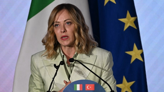 Turkish President Recep Tayyip Erdogan (not seen) and Italian Prime Minister Giorgia Meloni attend the closing session of Turkiye-Italy Business Forum in Rome, Italy on April 29, 2025.