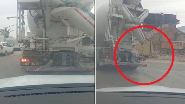 Yola dökülen betonun görüntüsü arkadaki sürücünün kamerasına yansıdı.