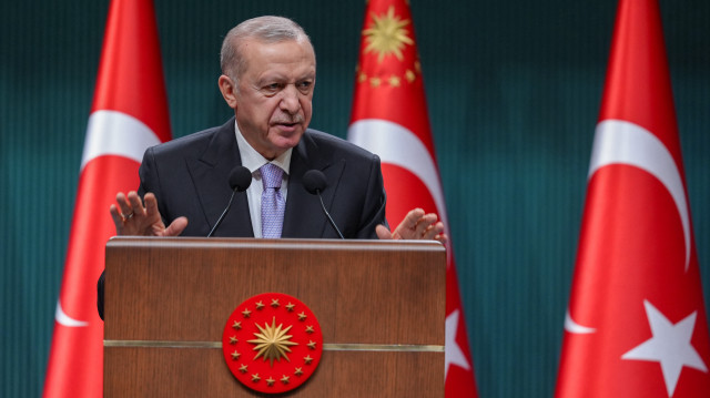 Turkish President Recep Tayyip Erdogan makes a statement to the press members after chairing the Cabinet Meeting held at the Presidential Complex in Ankara, Turkiye on May 12, 2025.(AA)