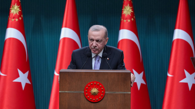  Turkish President Recep Tayyip Erdogan makes a statement to the press members after chairing the Cabinet Meeting held at the Presidential Complex in Ankara, Turkiye on May 12, 2025. (AA)