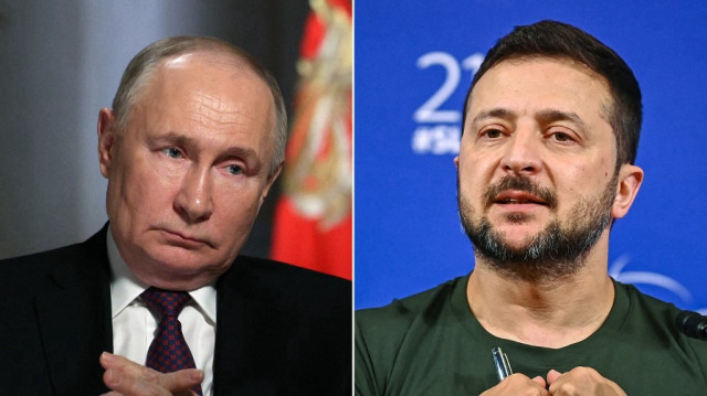 Cette combinaison d'images créée le 12 mai 2025 montre une photographie diffusée par l'agence d'État russe Sputnik montrant le président russe Vladimir Poutine lors d'une interview accordée à l'agence de presse RIA Novosti au Kremlin à Moscou le 12 mars 2024 et une photo du président ukrainien Volodymyr Zelensky lors du 21e sommet du dialogue Shangri-La à l'hôtel Shangri-La à Singapour le 2 juin 2024.