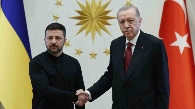 Turkish President Recep Tayyip Erdogan welcomes Ukrainian President Volodymyr Zelenskyy at the Presidential Complex in Ankara, Türkiye on May 15, 2025. (AA)
