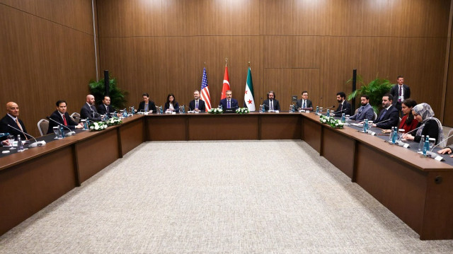 Turkish Foreign Minister Hakan Fidan (C), US Secretary of State Marco Rubio and Syrian Foreign Minister Assad Hassan Shayban attend the Türkiye-US-Syria trilateral meeting held on the occasion of the NATO Foreign Ministers' Informal Meeting at the NEST Congress Center in Antalya, Türkiye on May 15, 2025.
