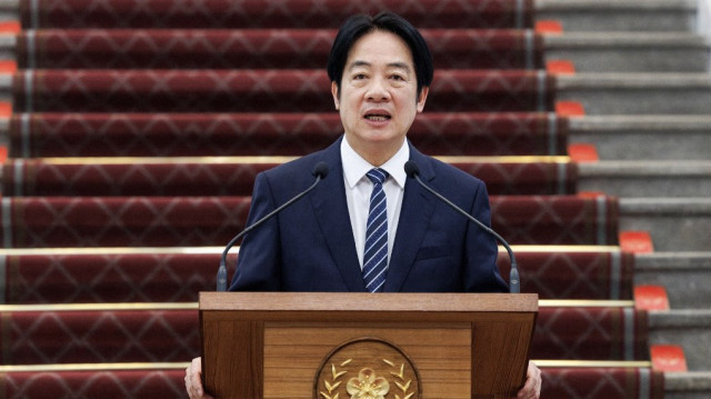 Le président taïwanais Lai Ching-te prononce un discours à l'occasion du premier anniversaire de son investiture au bureau présidentiel de Taipei, le 20 mai 2025. 
