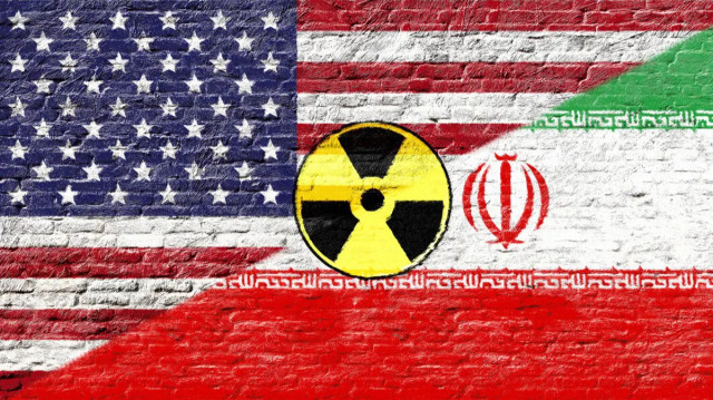 Флаги США и Ирана, стоковая иллюстрация ядерного знака.