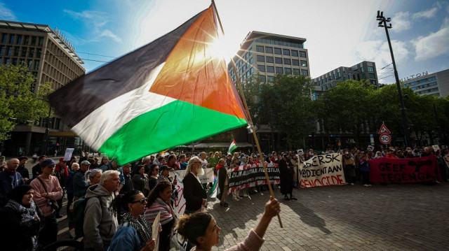 Protesters take part in a demonstration outside the city hall in Rotterdam, Netherlands, on May 21, 2025.