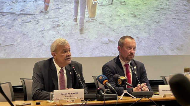 The President of the Palestine Red Crescent Society Younis Al Khatib speaks in a press briefing in Geneva, Switzerland on May 22, 2025.